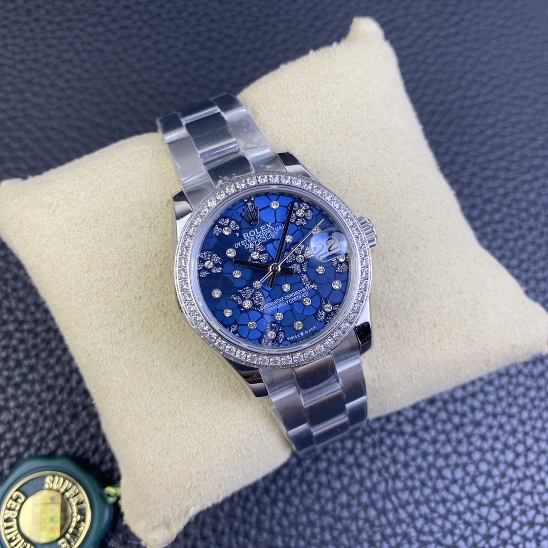 Rolex Datejust 31 Azzurro Blue Floral Motif with Diamonds Steel M278384RBR 0039 Ladies Watch