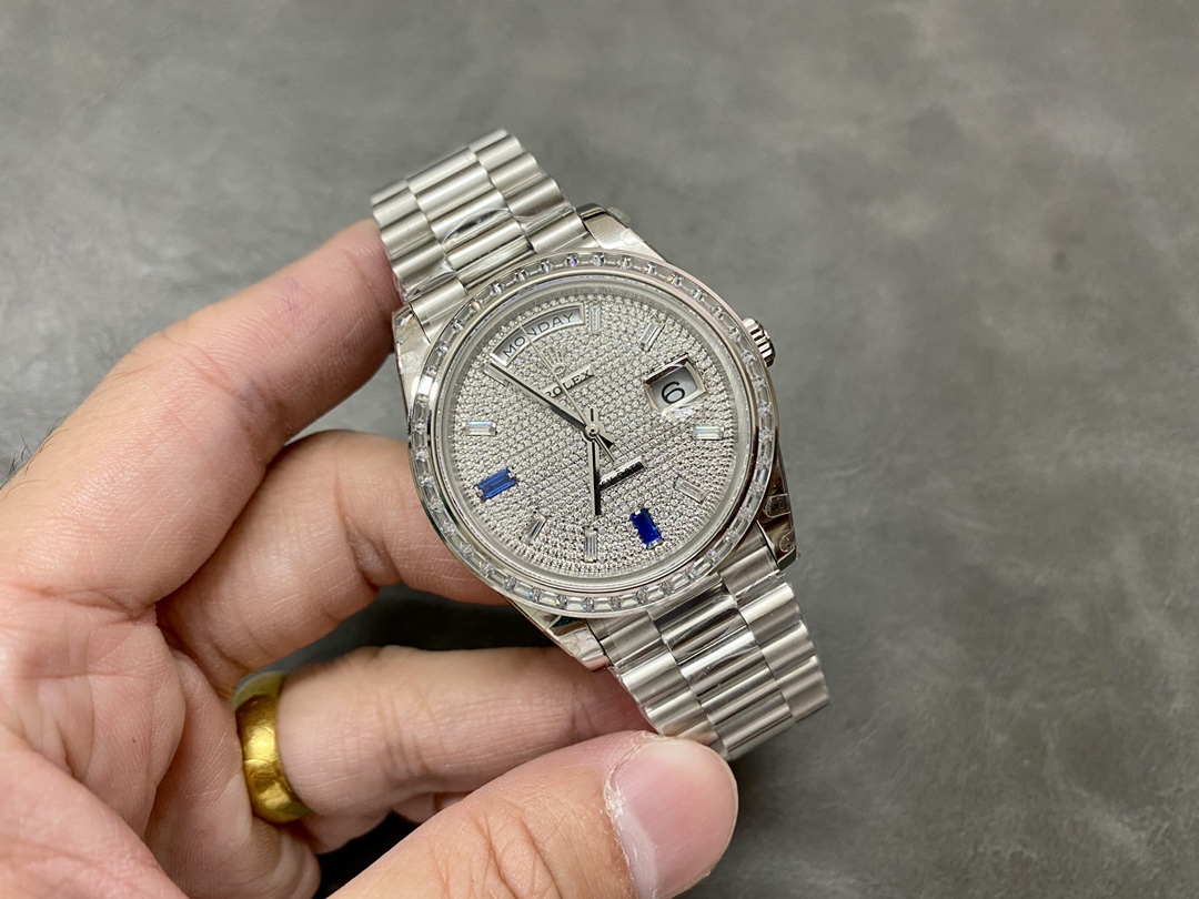Rolex Day Date Platinum Diamond Paved Dial With Sapphires Diamond Bezel m228396tbr 0021 40mm