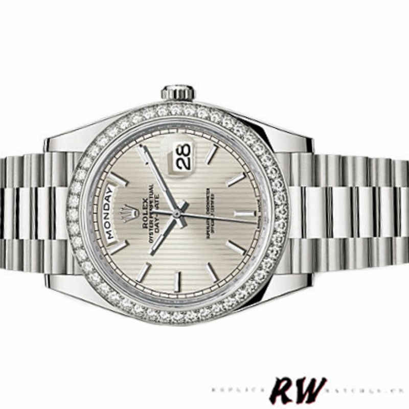 Rolex Day-Date 228349RBR Silver Stripe Motif Dial Diamond Bezel 40mm Mens Replica Watch