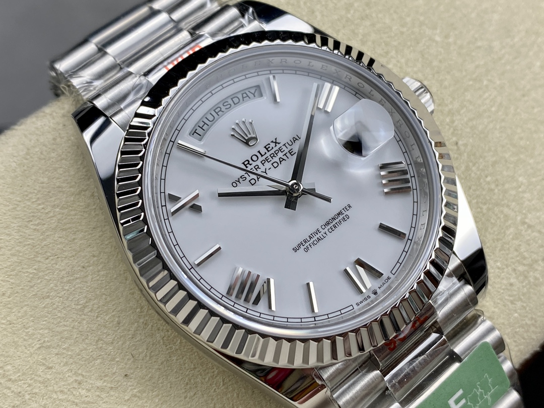 Rolex Day-Date 228239 White Roman Dial Fluted Bezel 40mm Mens Replica Watch