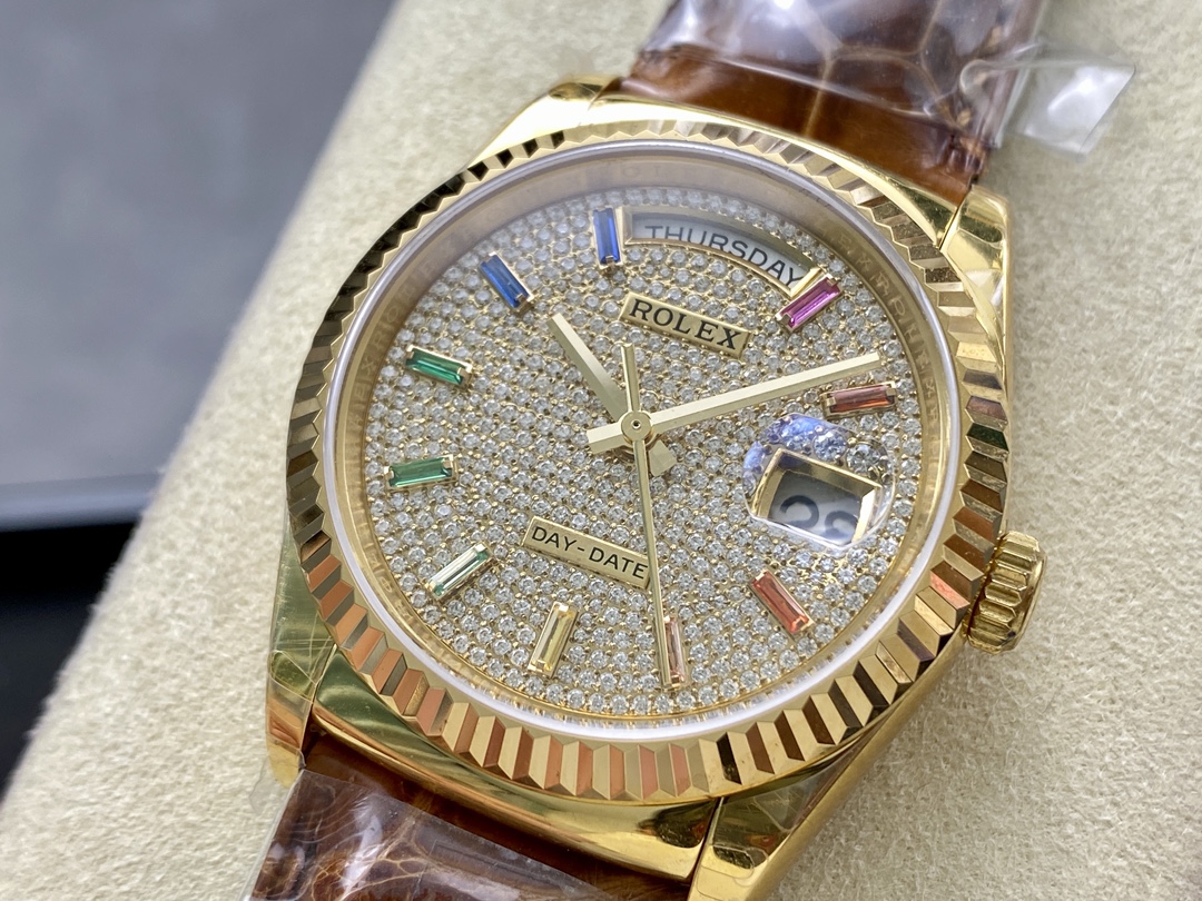 Rolex Day Date 36mm Yellow Gold 128238 0051 Pave Rainbow Diamond Dial Fluted Bezel