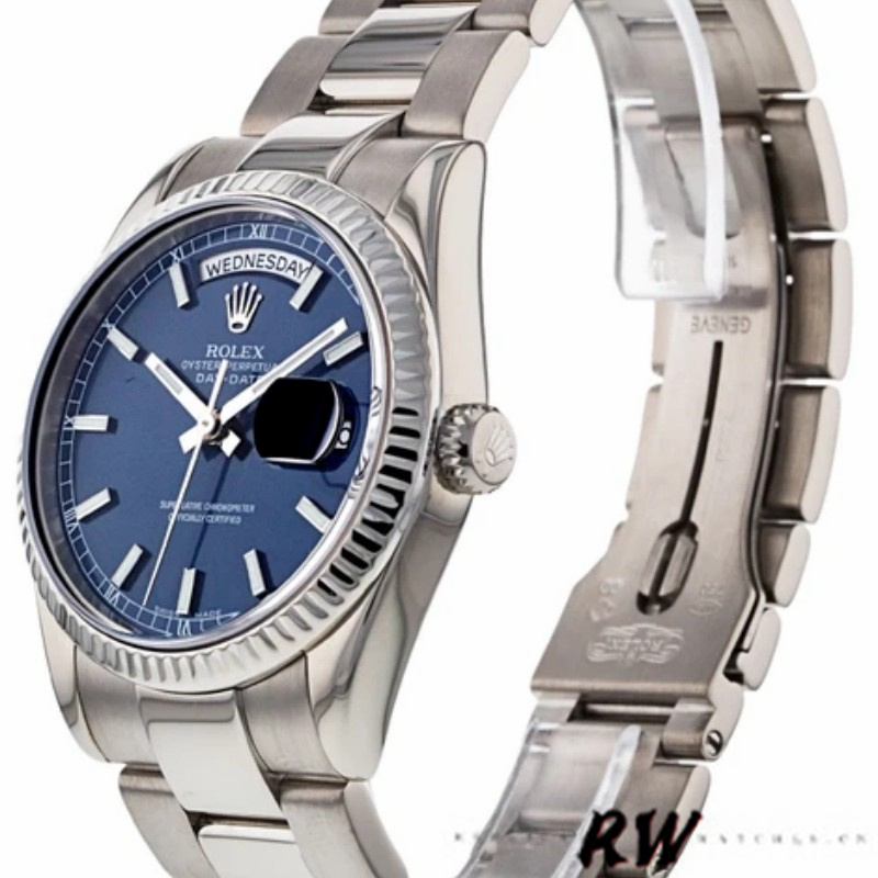 Rolex Day-Date 118239 White Gold Blue Dial Fluted Bezel 36mm Unisex Replica Watch