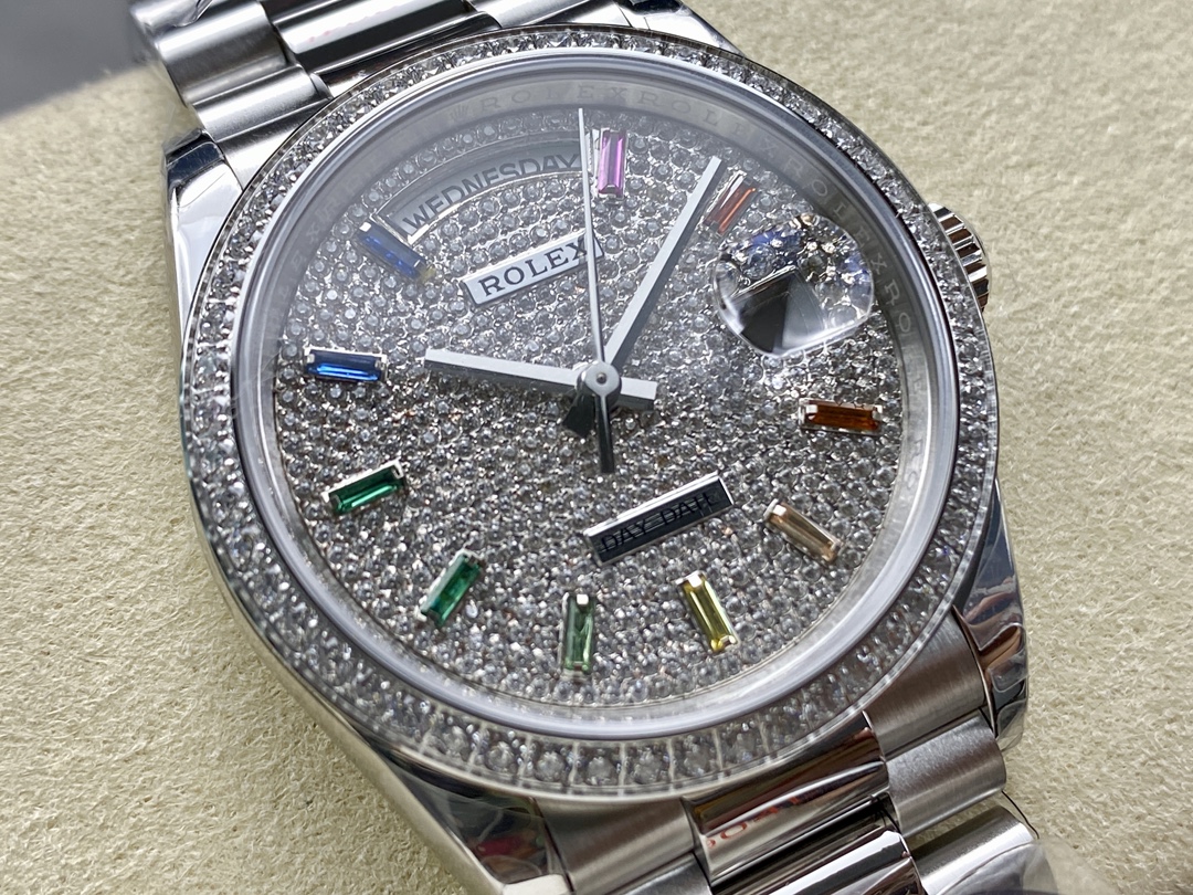 Rolex Day Date 36mm White Gold 128349RBR 0006 Pave Rainbow