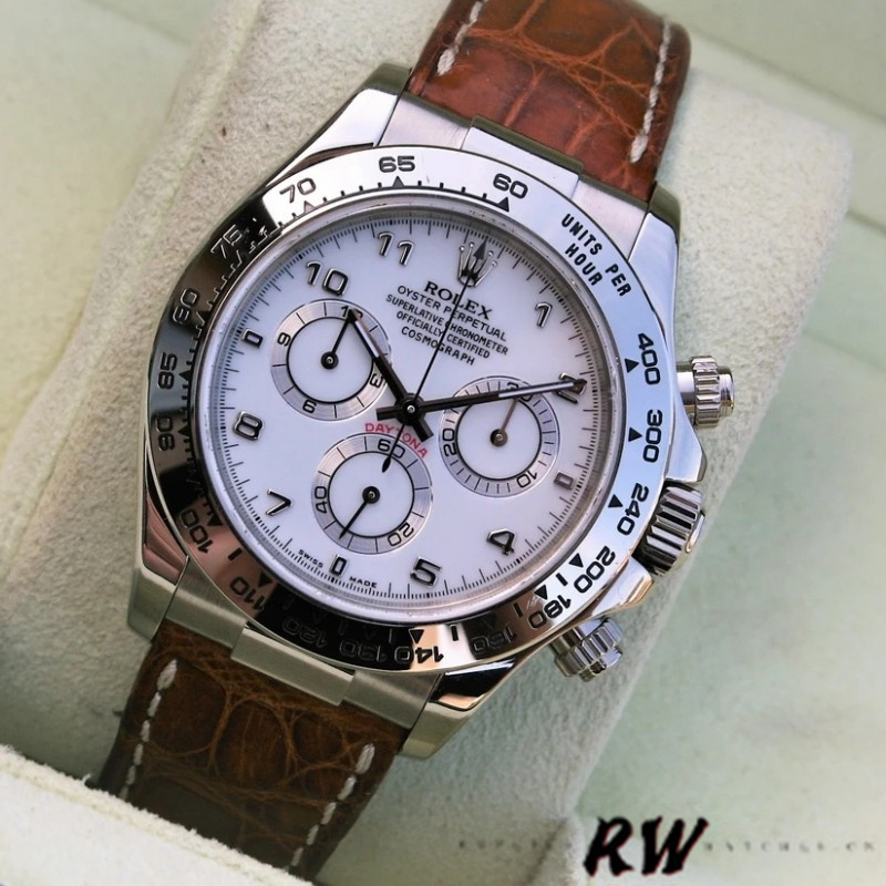 Rolex Daytona 116519 white Arabic dial brown leather strap 40mm Mens Replica Watch