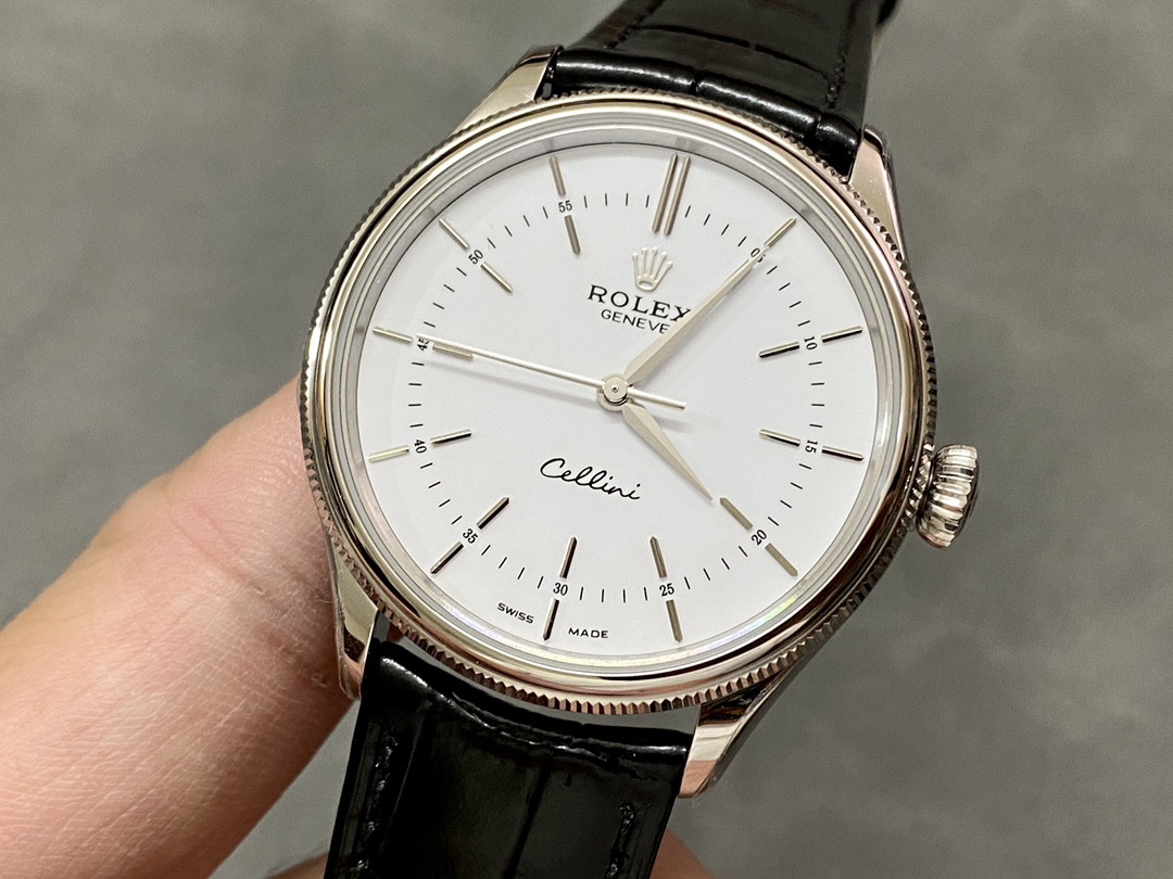 Rolex Cellini Time 50509 Black Leather Strap White Dial 39mm Mens Replica Watch