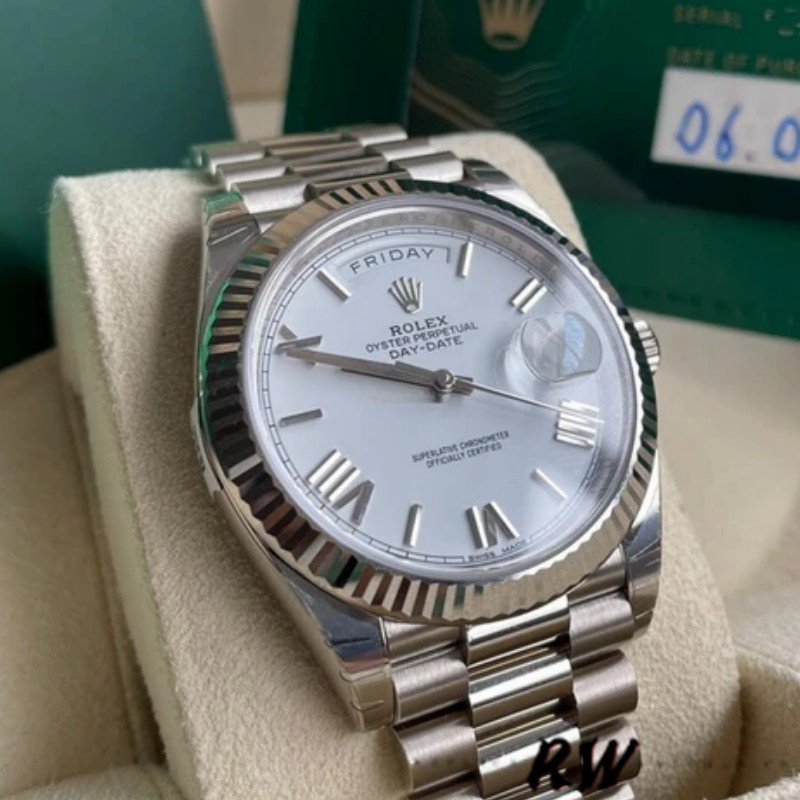 Rolex Day-Date 228239 White Roman Dial Fluted Bezel 40mm Mens Replica Watch