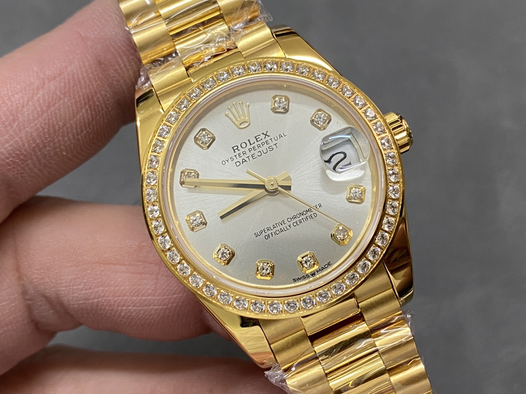 Rolex Datejust 31 Yellow Gold Silver Diamond Dial Diamond Bezel M278288RBR 0028 Women's Watch