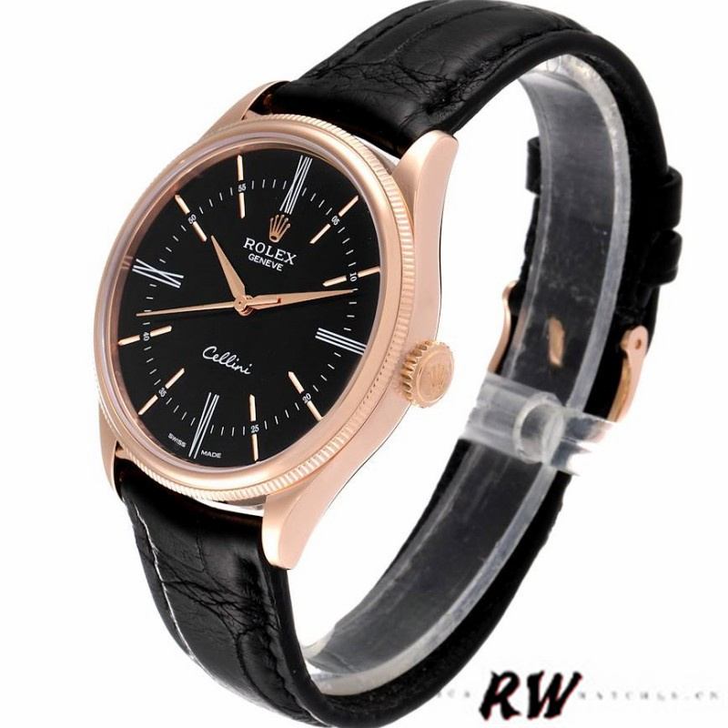 Rolex Cellini Time 50505 Black Leather Strap Black Dial 39mm Mens Replica Watch