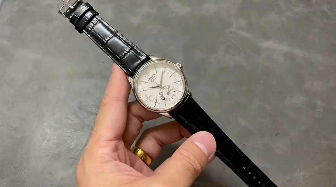 Rolex Cellini Dual Time 50529 Silver Sunburst Dial Black Leather Strap 39mm Mens Replica Watch