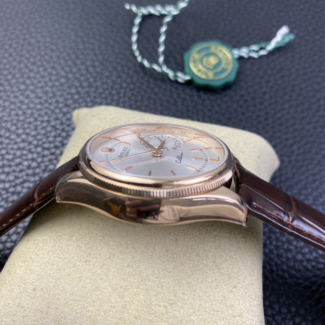 Rolex Cellini Date Rose Gold Silver Crocodile Leather Strap 50515 39mm Mens Replica Watch