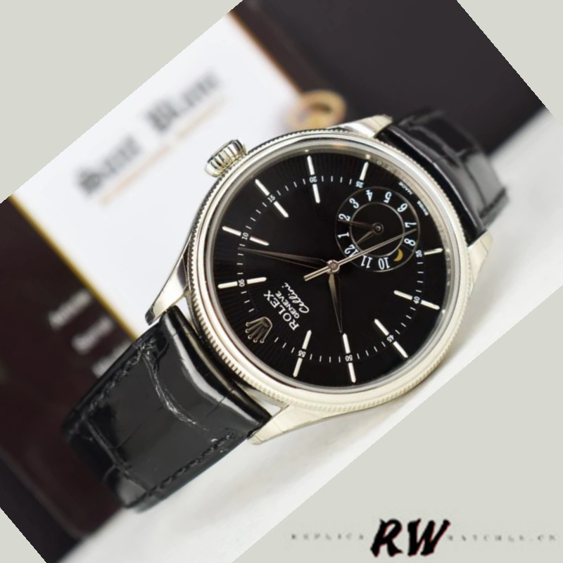 Rolex Cellini Dual Time 50529 Black Dial White Gold 39mm Mens Replica Watch