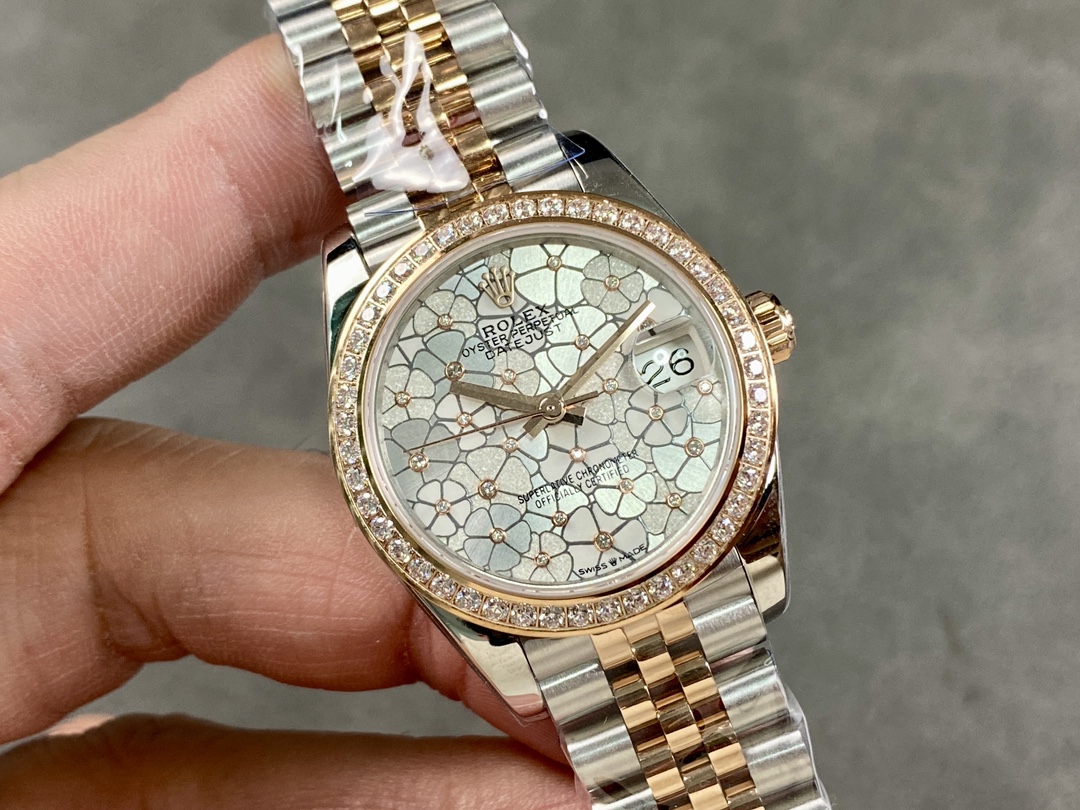 Rolex Datejust 31 Rose Gold Silver Floral Motif Diamond Dial Diamond Bezel m278381rbr 0032