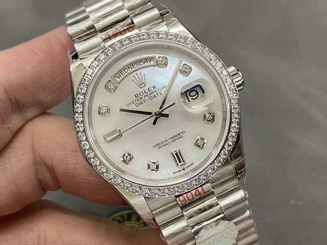 Rolex Day-Date 128349RBR White Mother of Pearl Dial Diamond Bezel 36MM Lady Replica Watch