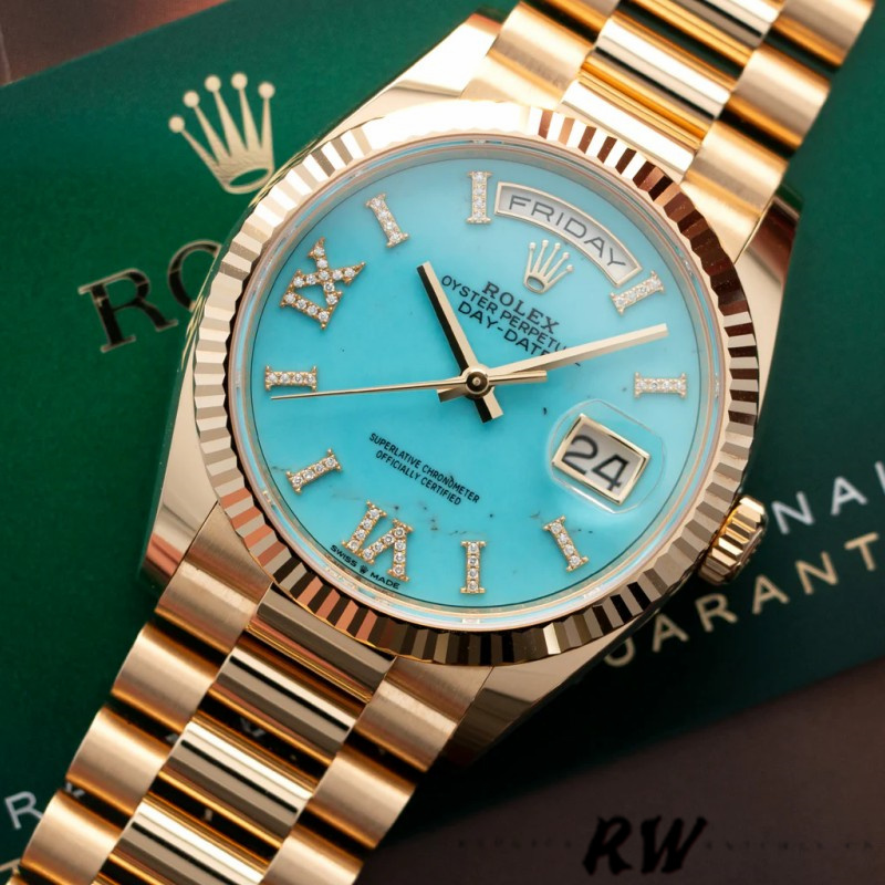 Rolex Day-Date 128238 Fluted Bezel Turquoise Diamond Dial 36MM Unisex Replica Watch