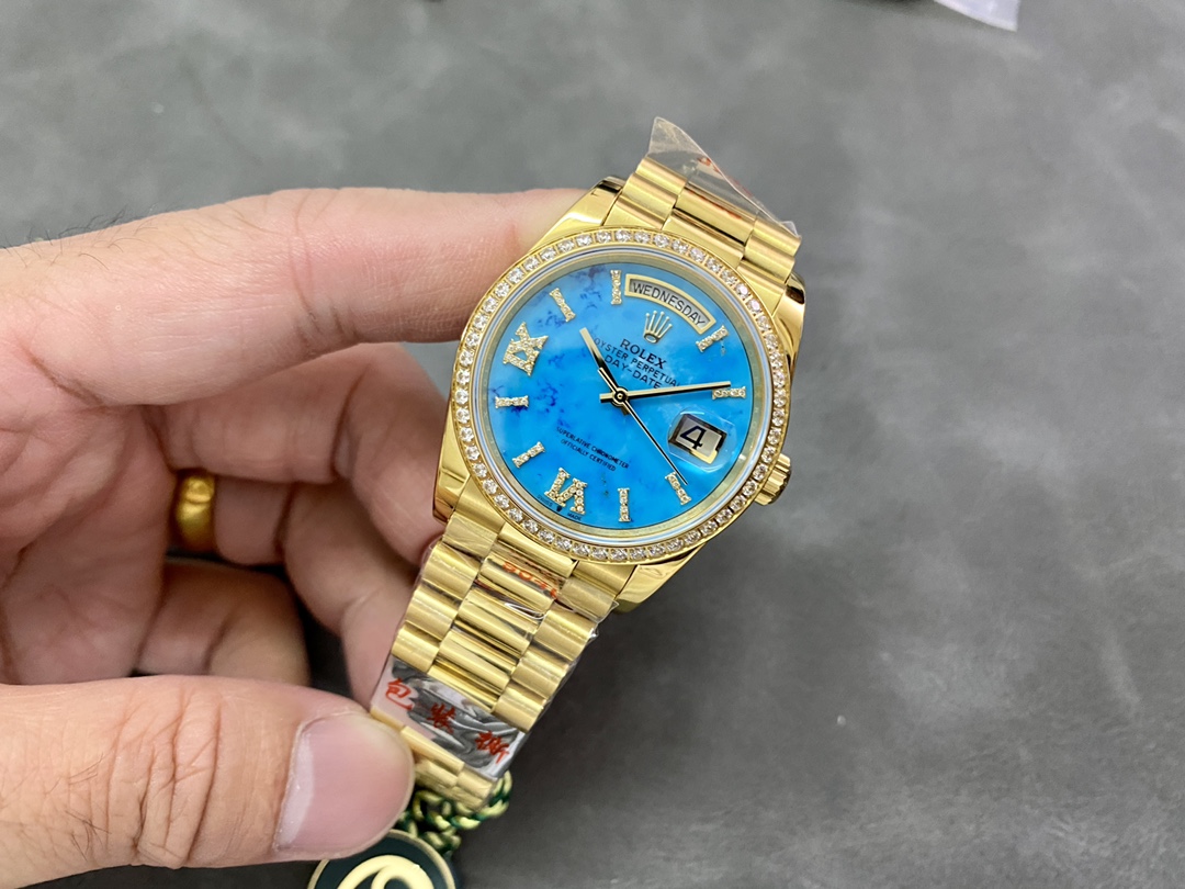 Rolex Day-Date 128348RBR Turquoise Diamond Dial Yellow Gold 36MM Unisex Replica Watch