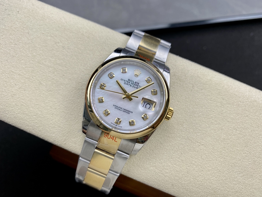 Rolex Datejust 36 Steel & Yellow Gold Mother of Pearl Diamond Dial M126203 0024 Women's Watch