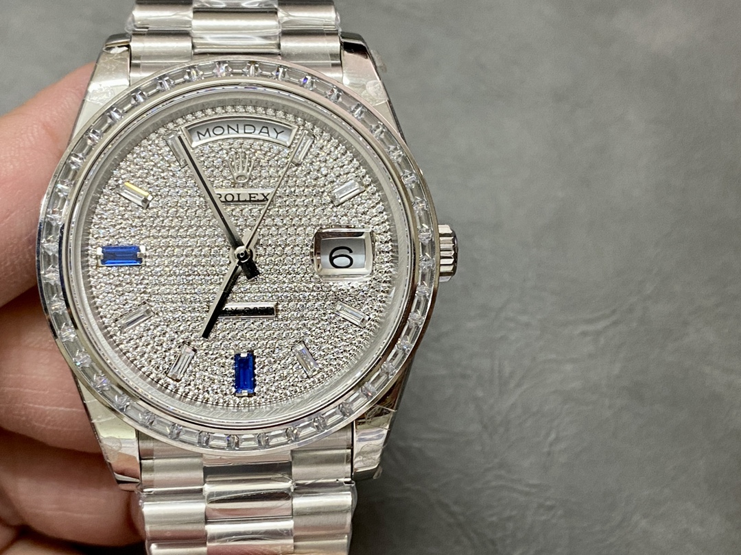 Rolex Day Date Platinum Diamond Paved Dial With Sapphires Diamond Bezel m228396tbr 0021 40mm