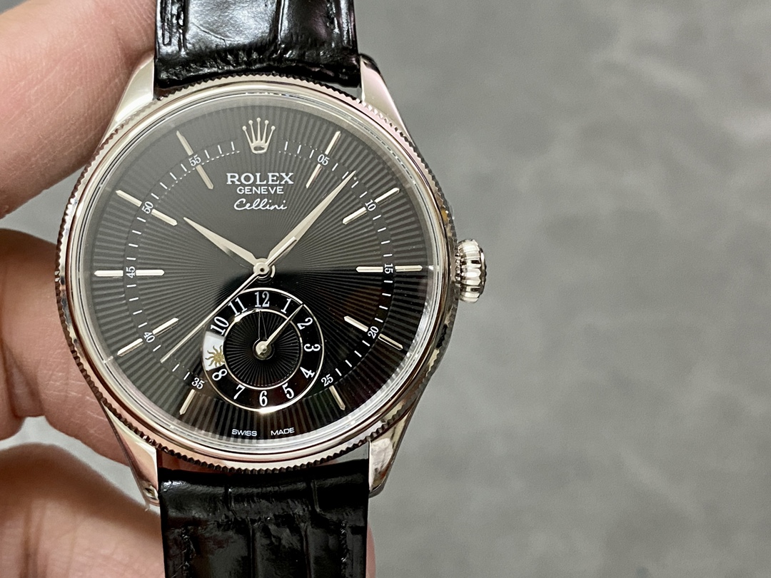 Rolex Cellini Dual Time 50529 Black Dial White Gold 39mm Mens Replica Watch