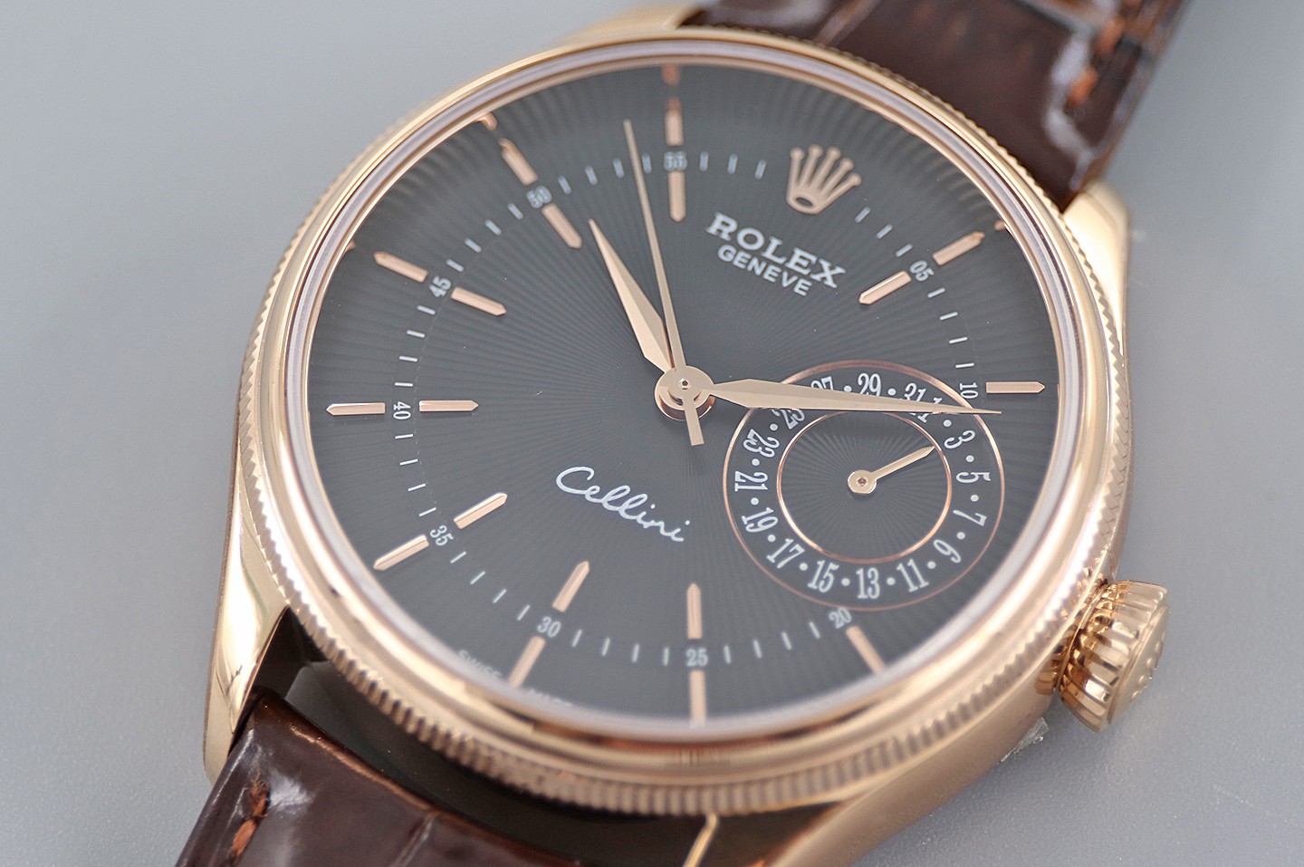 Rolex Cellini Date 50515 Brown Leather Black Index Dial 39mm Mens Replica Watch