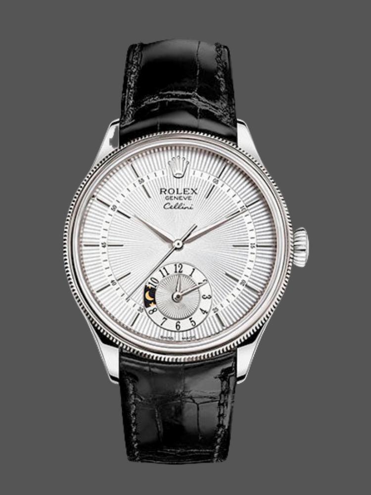 Rolex Cellini Dual Time 50529 Silver Sunburst Dial Brown Leather Strap 39mm Mens Replica Watch