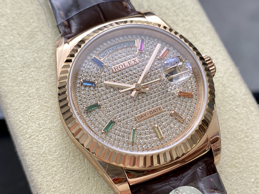 Rolex Day Date 36 Diamond Paved Dial Fluted Bezel 18K Everose gold 128235 0039 President Watch