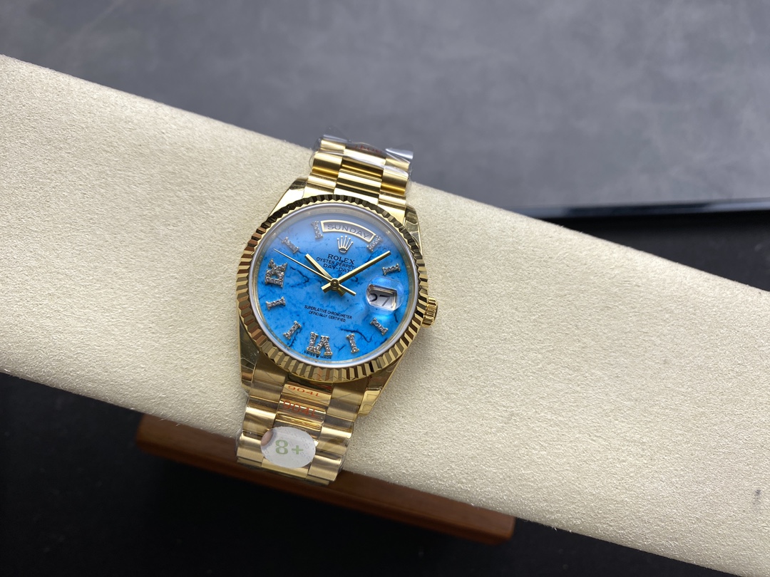 Rolex Day-Date 128238 Fluted Bezel Turquoise Diamond Dial 36MM Unisex Replica Watch