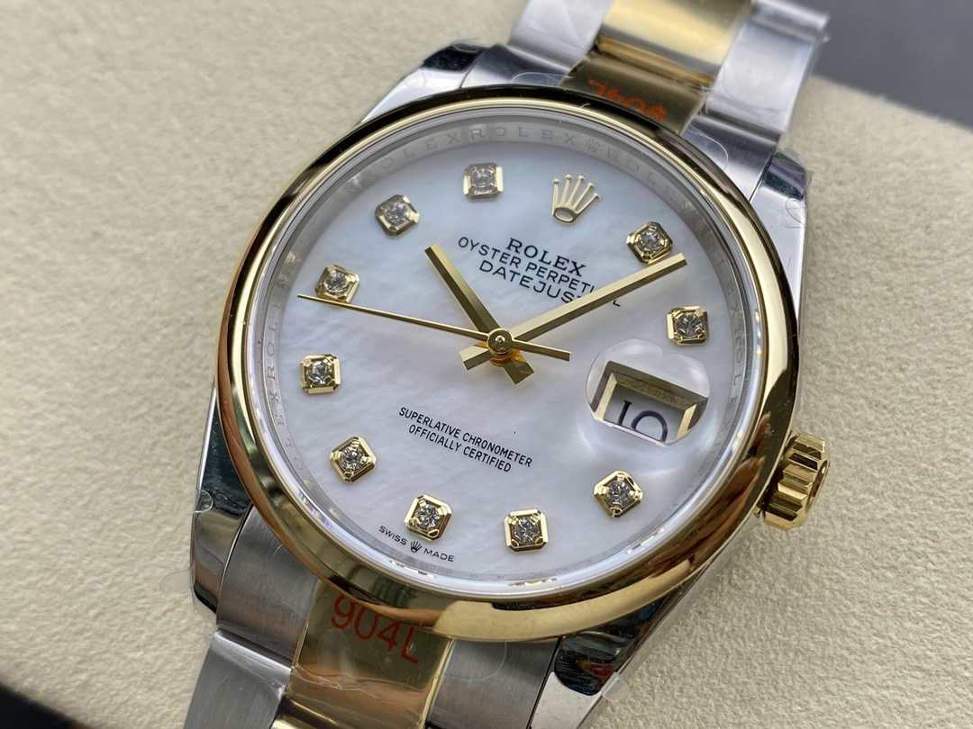 Rolex Datejust 36 Steel & Yellow Gold Mother of Pearl Diamond Dial M126203 0024 Women's Watch
