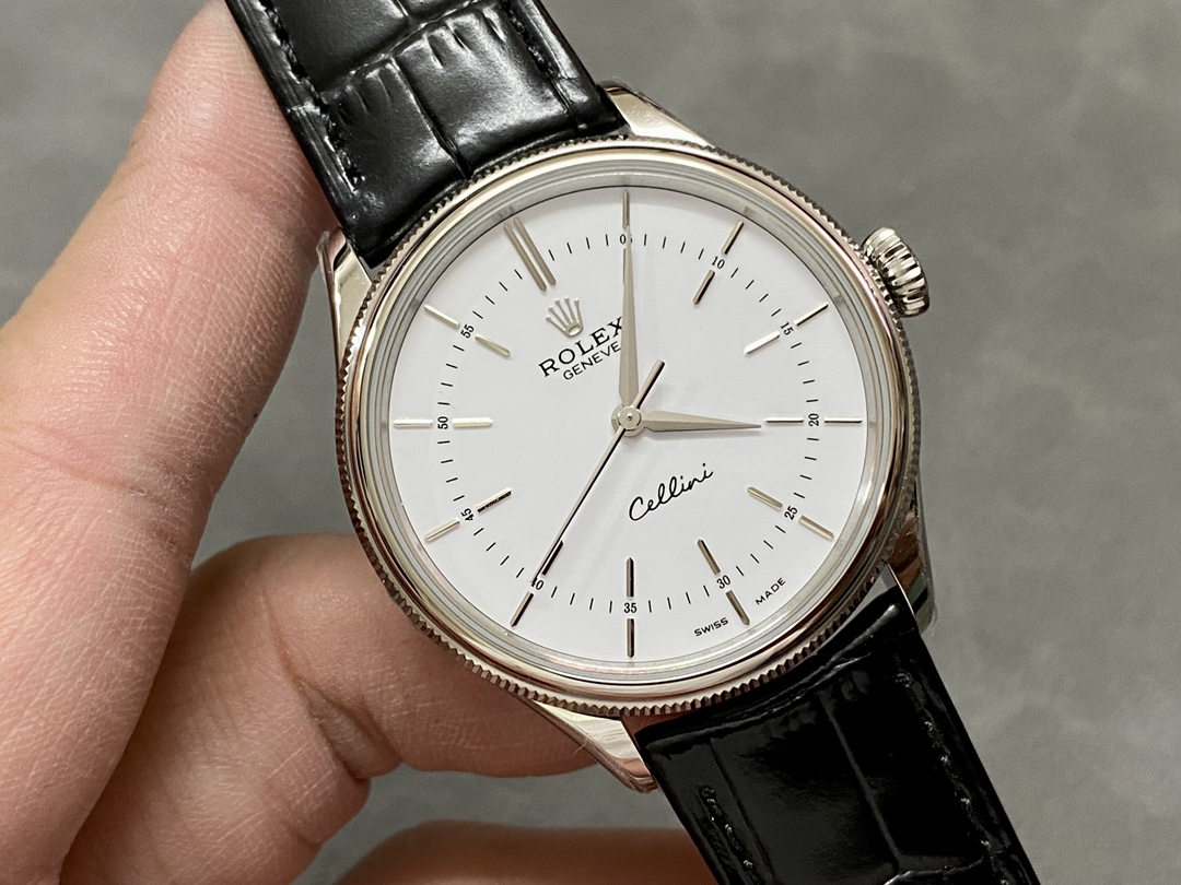 Rolex Cellini Time 50509 Black Leather Strap White Dial 39mm Mens Replica Watch