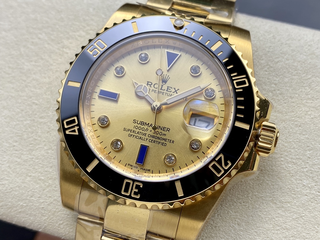 Rolex Submariner 40 18k Champagne Diamond Dial Black Bezel 16613T Gold Watch