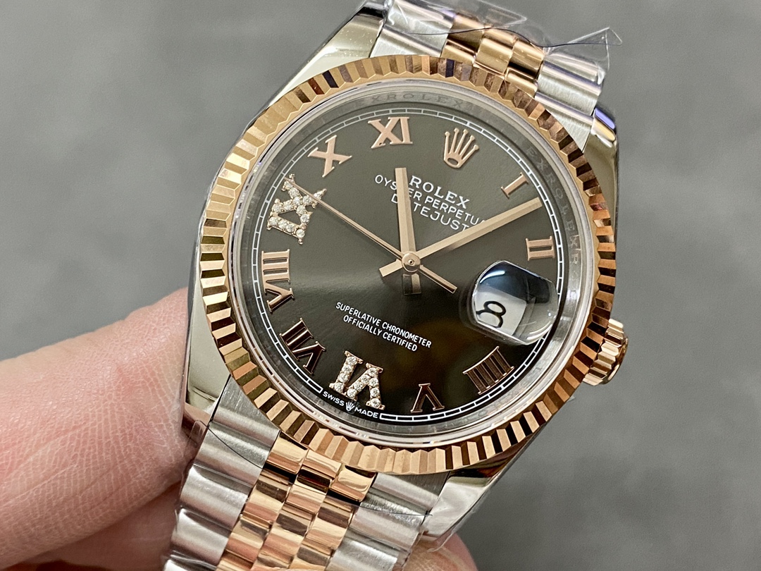 Rolex Datejust 36 Everose Gold Slate Diamond Pave Roman Dial m126231 0023 Women's Watch