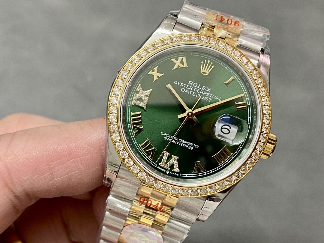 Rolex Datejust 36 Yellow Gold & Diamonds Olive Green Diamond Pave Roman Dial m126283rbr 0011
