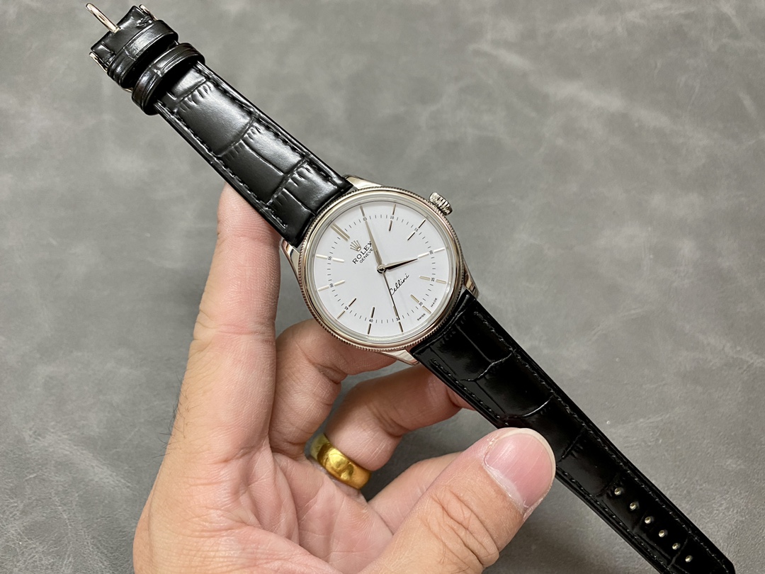Rolex Cellini Time 50509 Black Leather Strap White Dial 39mm Mens Replica Watch