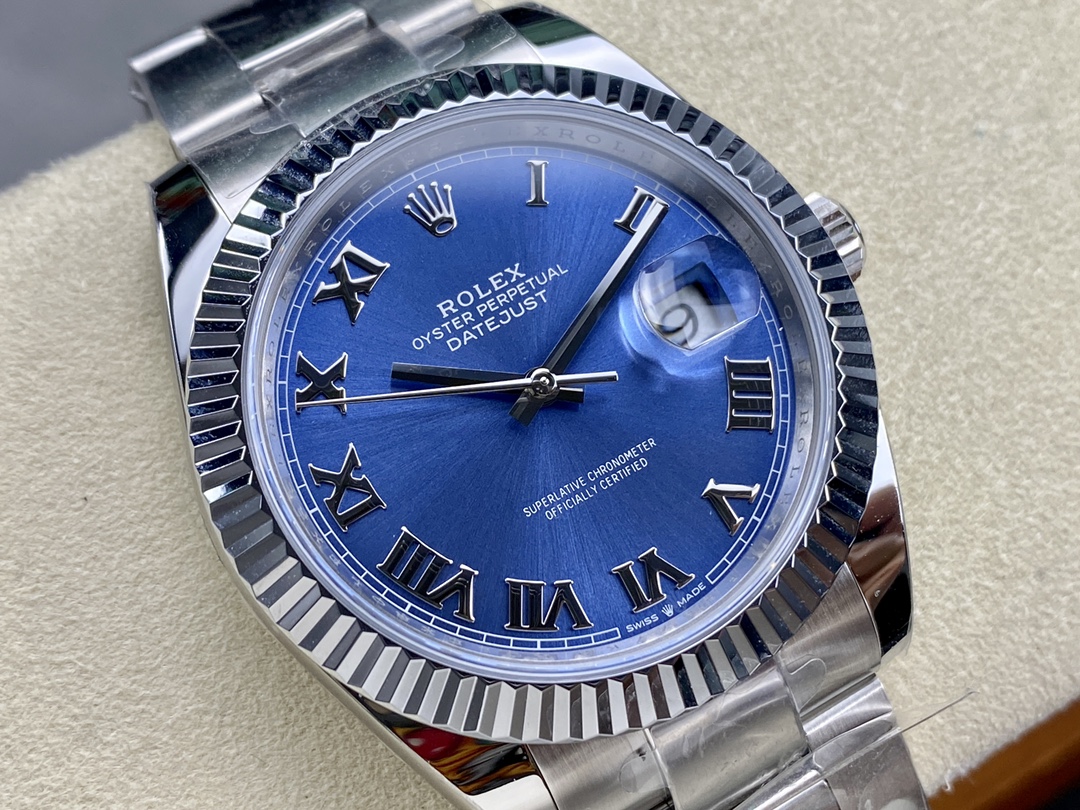 Rolex Datejust 126334 0025 Fluted Bezel Blue Roman Numeral Dial 41MM Mens Replica Watch