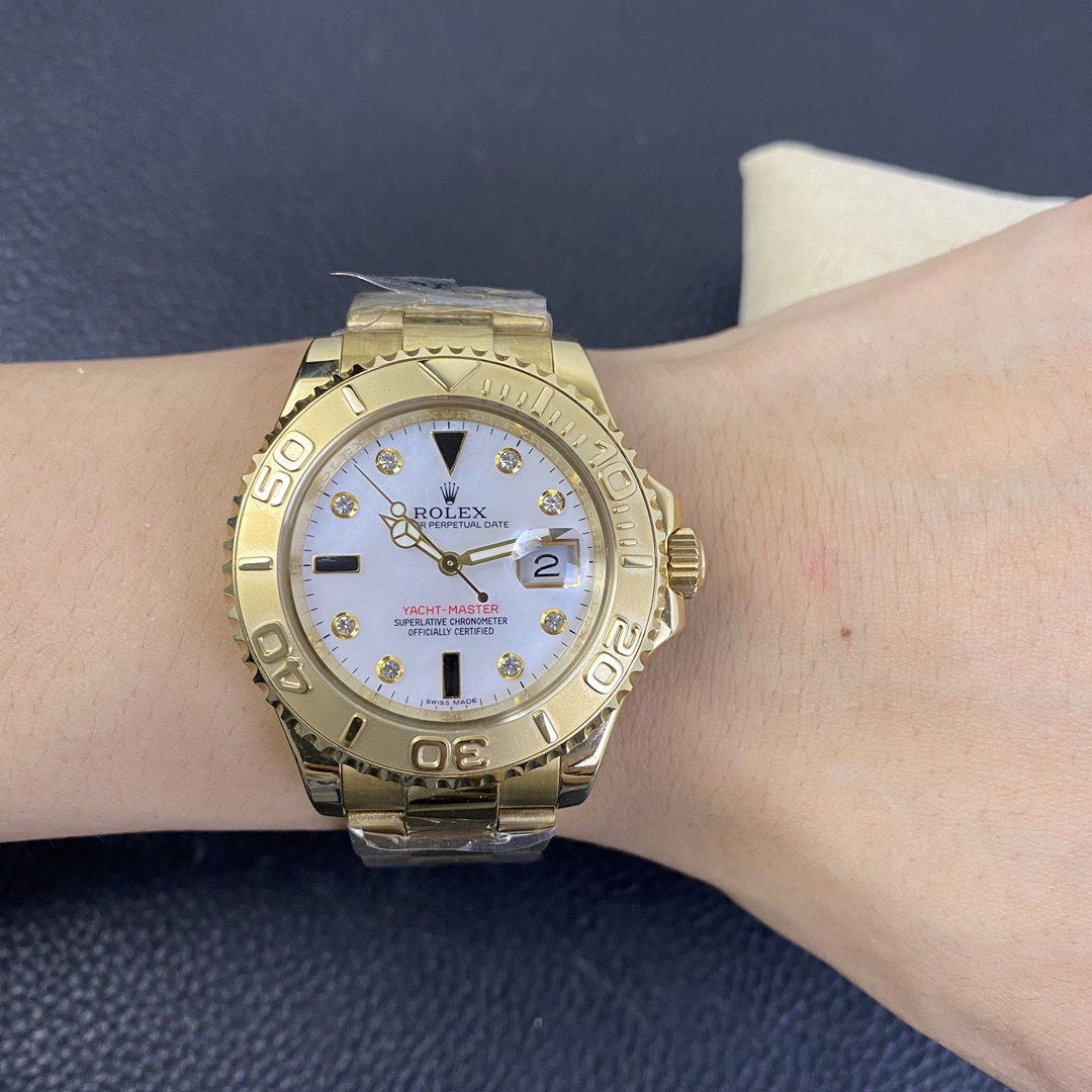 Rolex Yacht Master 168628 White Mother of Pearl Diamond Dial Yellow Gold Case 35mm Women's Watch