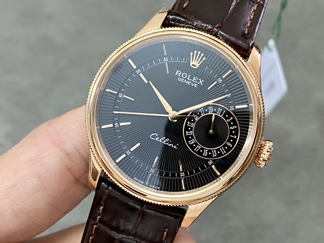 Rolex Cellini Date 50515 Brown Leather Black Index Dial 39mm Mens Replica Watch