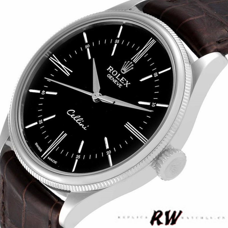 Rolex Cellini Time 50509 Brown Leather Strap Black Dial 39mm Mens Replica Watch