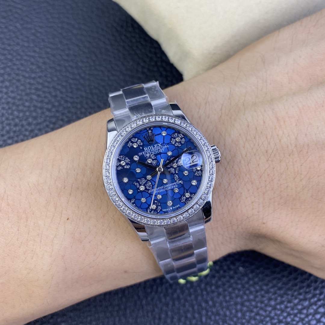 Rolex Datejust 31 Azzurro Blue Floral Motif with Diamonds Steel M278384RBR 0039 Ladies Watch