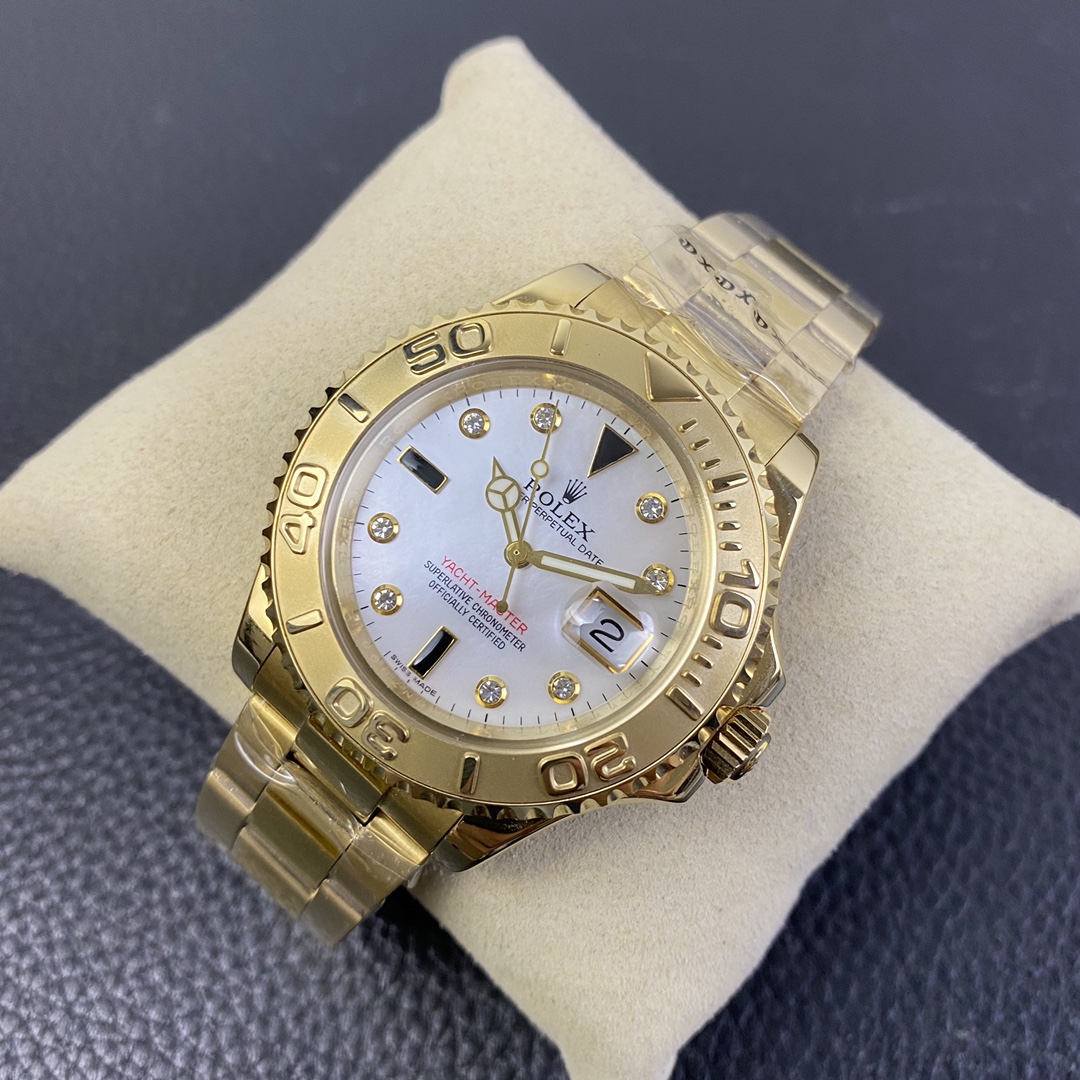 Rolex Yacht Master 168628 White Mother of Pearl Diamond Dial Yellow Gold Case 35mm Women's Watch