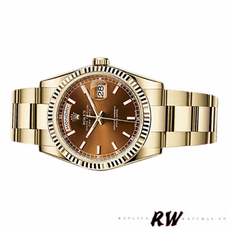 Rolex Day-Date 118238 Index Cognac Dial Fluted Bezel 36mm Unisex Replica Watch