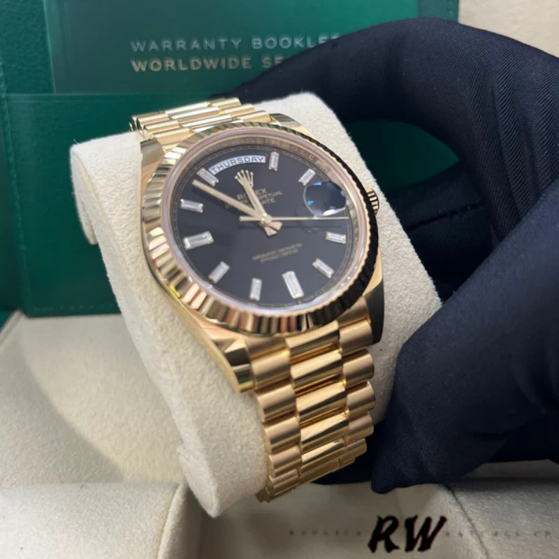 Rolex Day-Date 228238 Black Diamond Dial Fluted Bezel 40mm Mens Replica Watch
