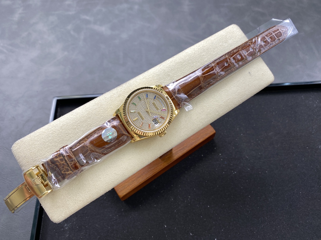 Rolex Day Date 36mm Yellow Gold 128238 0051 Pave Rainbow Diamond Dial Fluted Bezel