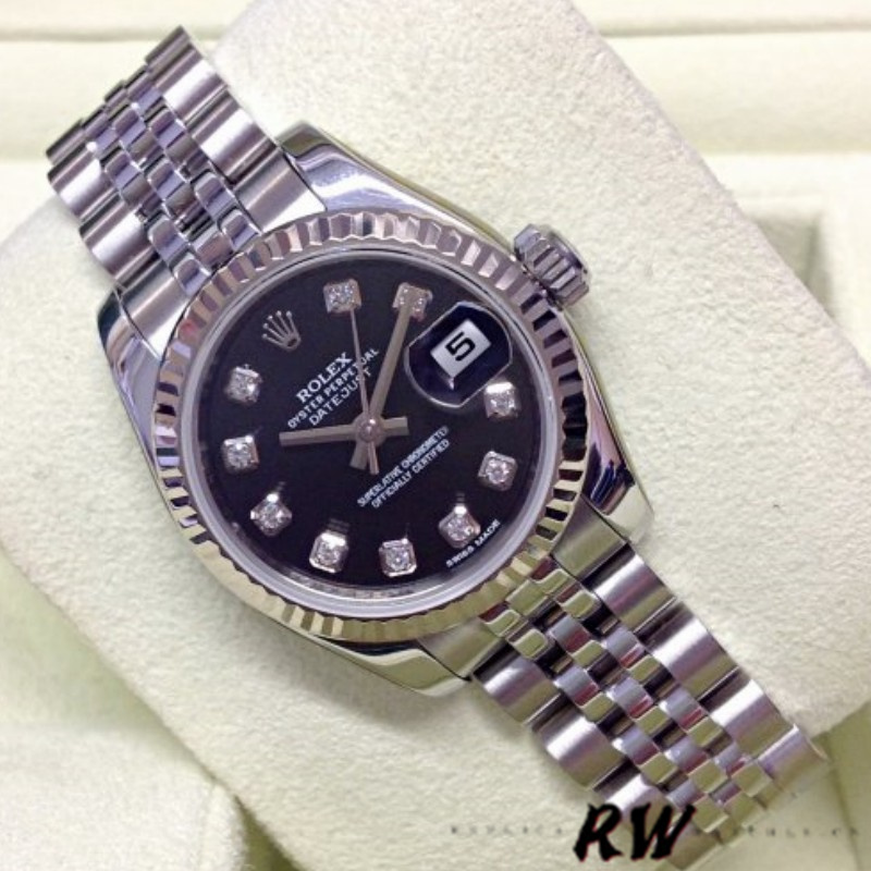 Rolex Datejust 179174 Black Diamond Dial Fluted Bezel 26MM Lady Replica Watch