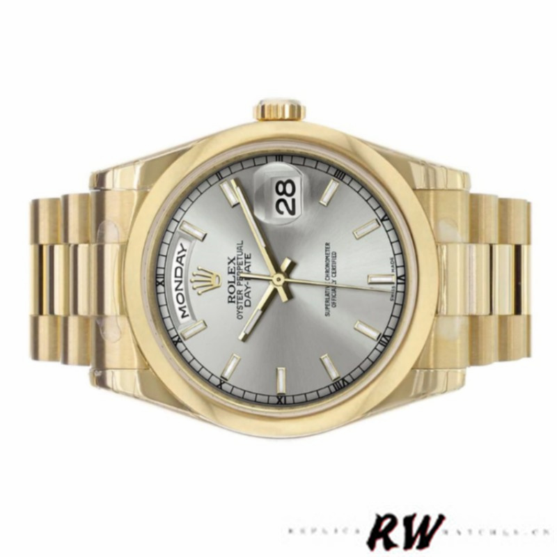 Rolex Day-Date 118208 Silver Dial Domed Bezel 36mm Unisex Replica Watch