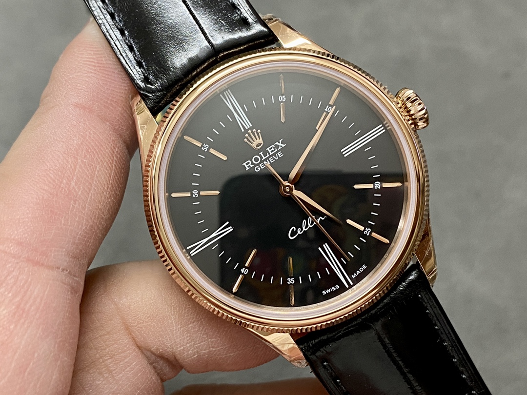 Rolex Cellini Time 50505 Black Leather Strap Black Dial 39mm Mens Replica Watch