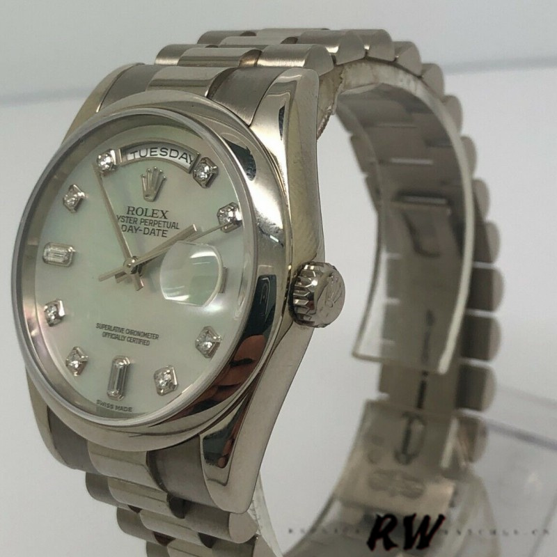 Rolex Day-Date 118206 Platinum White Mother of Pearl Diamond Dial 36mm Unisex Replica Watch
