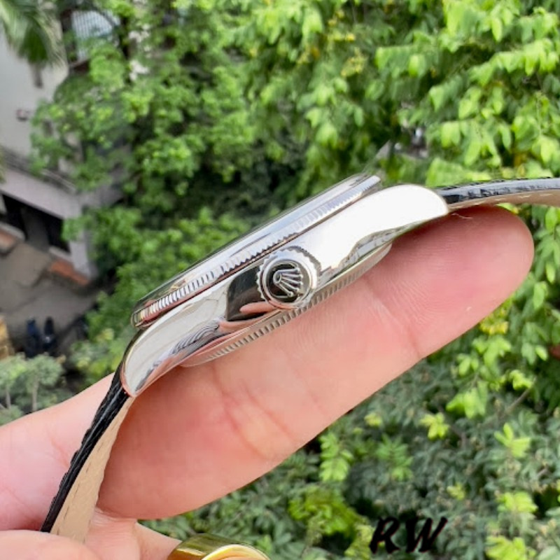 Rolex Cellini Dual Time 50529 Silver Sunburst Dial Black Leather Strap 39mm Mens Replica Watch