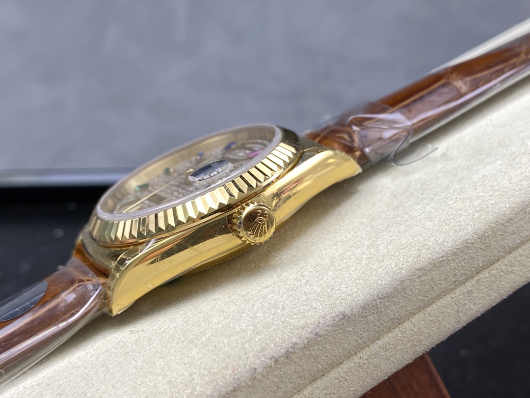 Rolex Day Date 36mm Yellow Gold 128238 0051 Pave Rainbow Diamond Dial Fluted Bezel