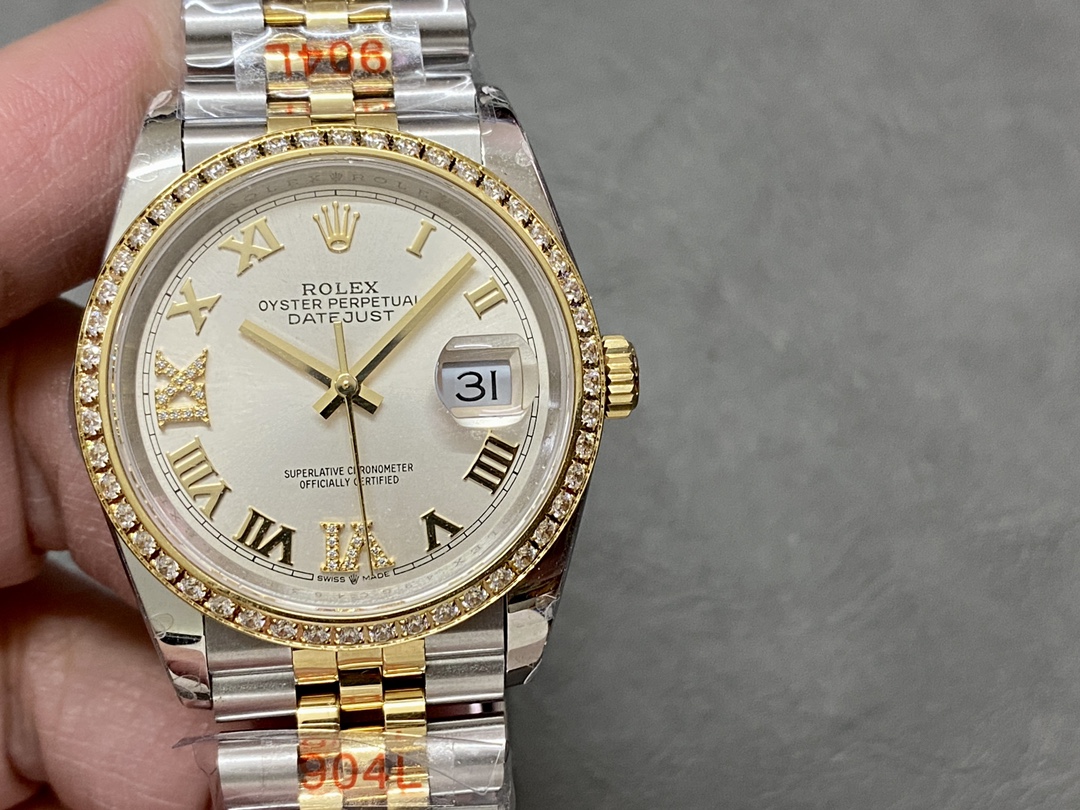 Rolex Datejust 36 Yellow Gold & Diamonds Silver Diamond Pave Roman Dial m126283rbr 0017