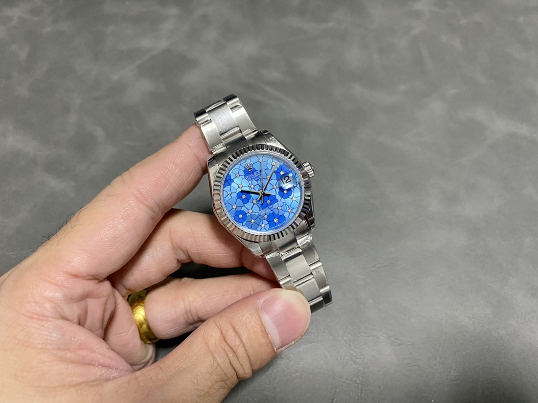 Rolex Datejust 31 Stainless Steel and White Gold Azzuro-Blue-Floral-Motif Diamond Dial m278274-0035