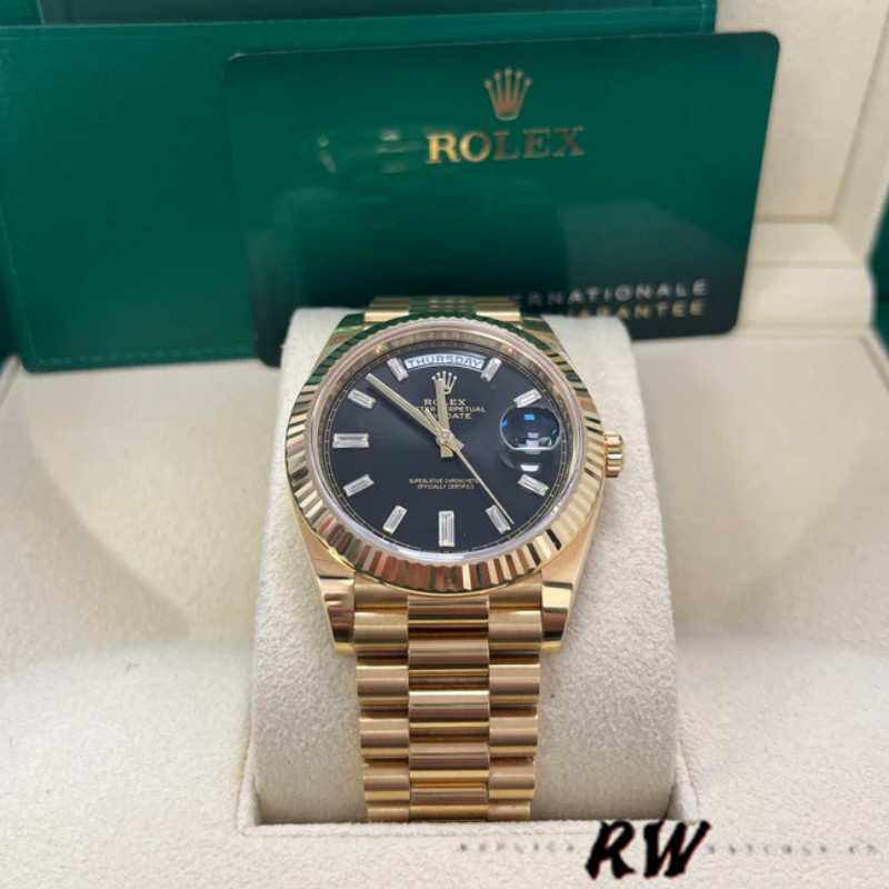 Rolex Day-Date 228238 Black Diamond Dial Fluted Bezel 40mm Mens Replica Watch